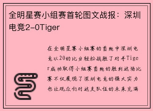 全明星赛小组赛首轮图文战报：深圳电竞2-0Tiger
