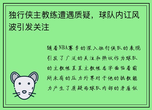 独行侠主教练遭遇质疑，球队内讧风波引发关注